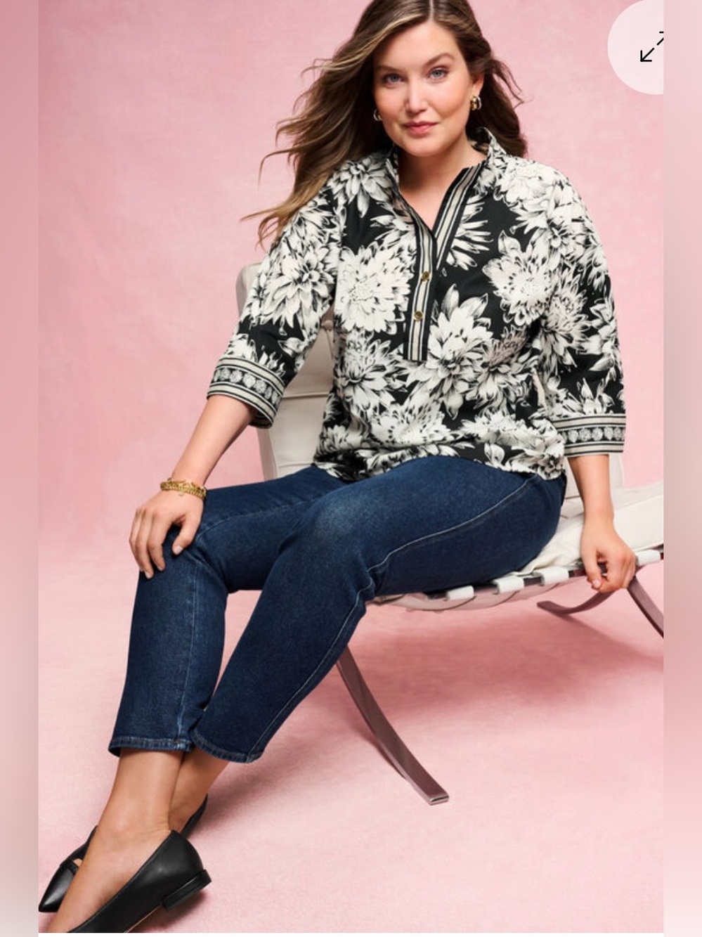 Talbots Women's Petite  XLp 3/4 Sleeve Cotton Tunic Top  Floral  Print Popover